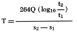 transmissibility = 264 times discharge rate times log  base 10 of the ratio of two selected times since pumping began, all divided by change in drawdown