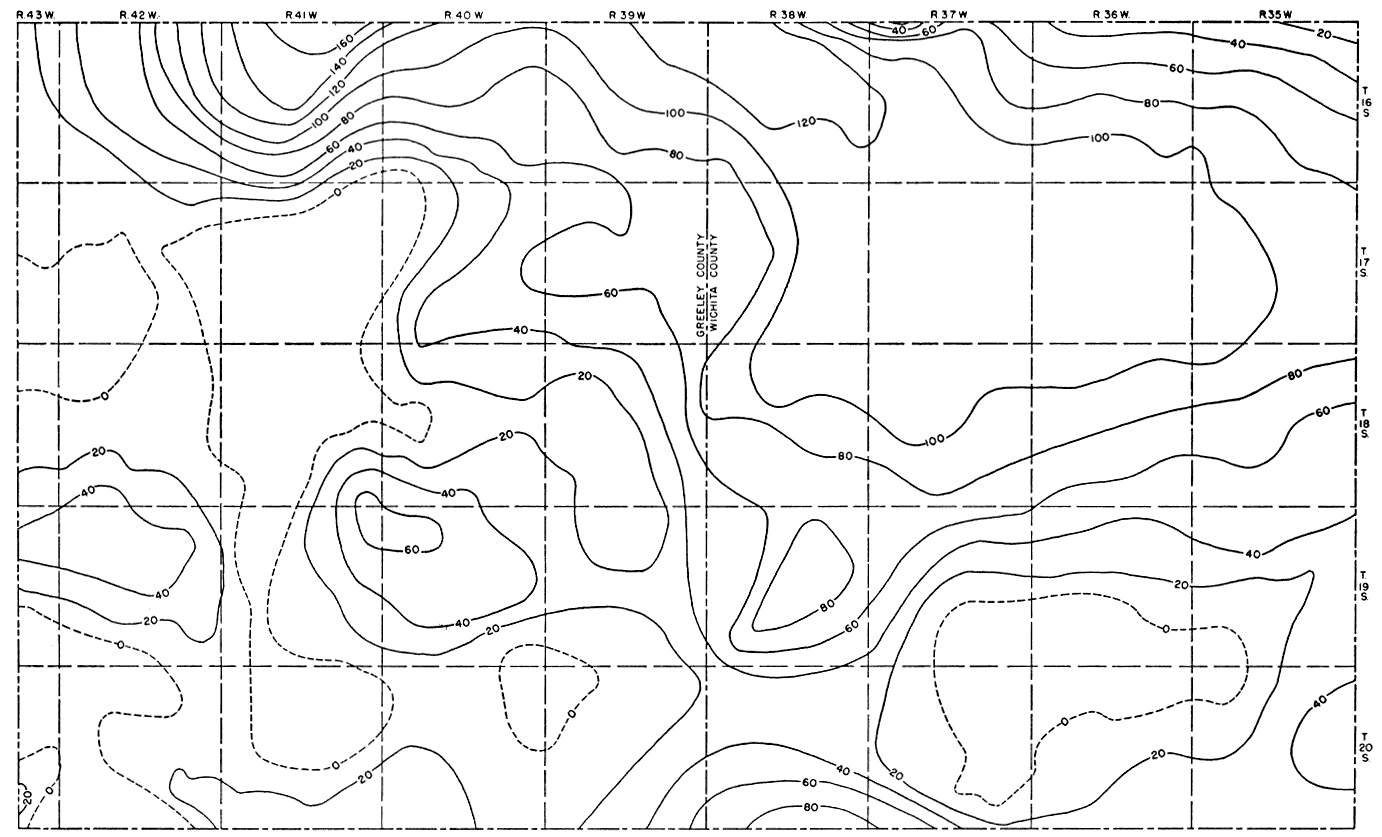 Thicknesses of 40 and 60 feet in Greeley separated by area of 0 thickness in center of county, up to 160 in far north; Zero thickness in southern Wichita rising to. 100 to north