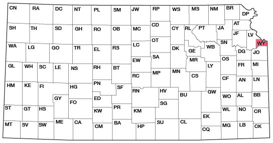 Map of Kansas; Wyandotte County is in the far eastern Kansas, in the northern half.