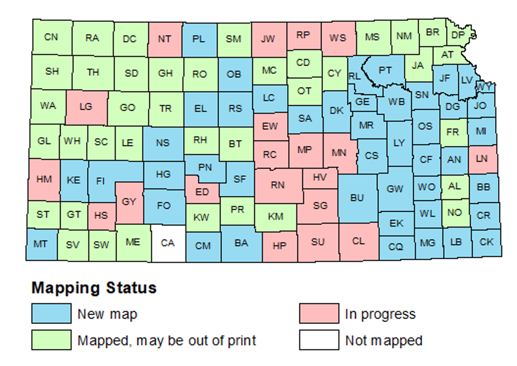 Map of Kansas showing county map status. Text links below.