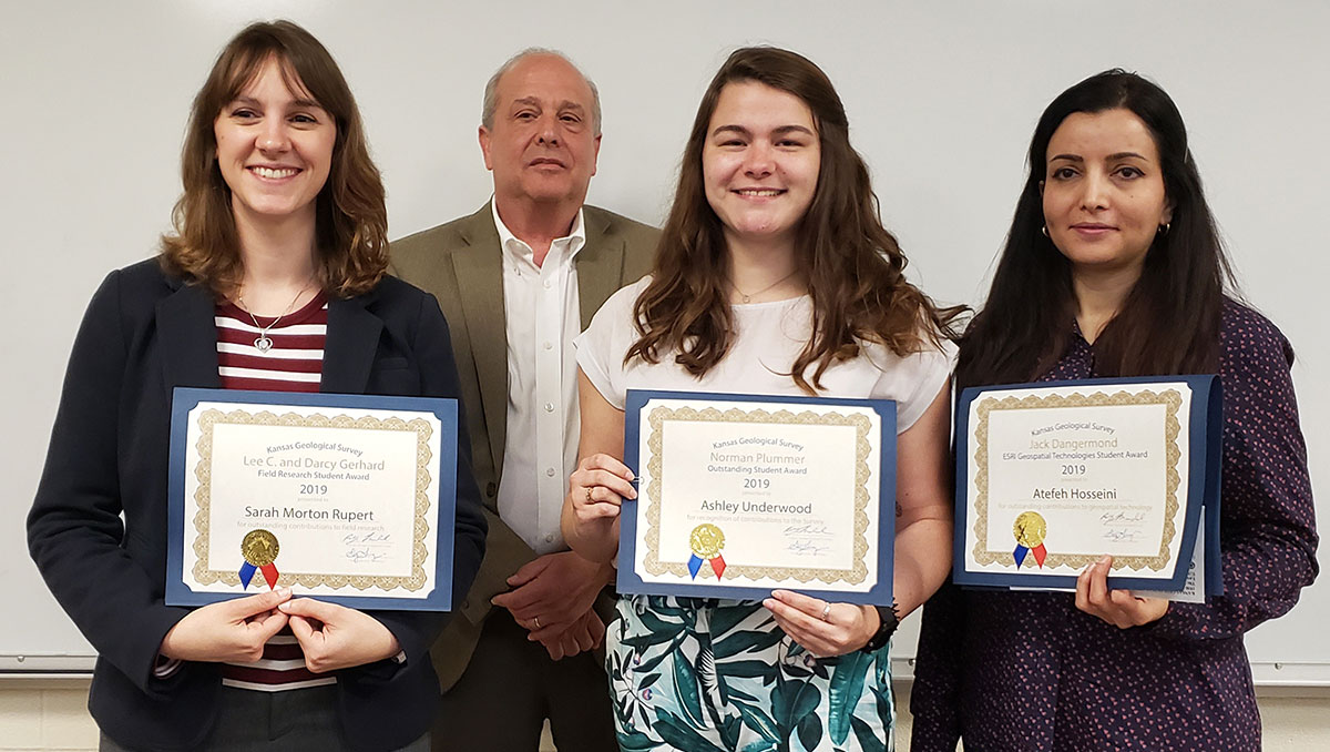 Left to right, Sarah Morton Rupert, KGS Director Rolfe Mandel, Ashley Underwood, and Atefeh Hosseini