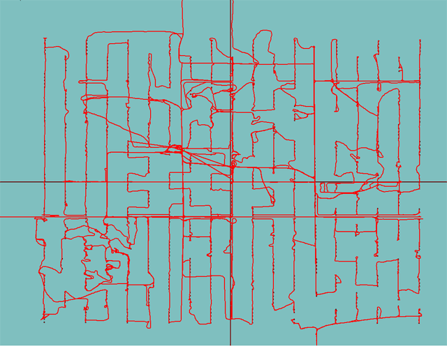 red lines on green field show progress of equipment in reaching every station