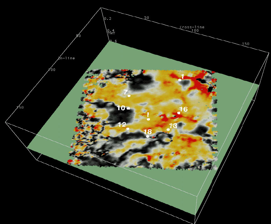 3-D display of time slice, well locations added