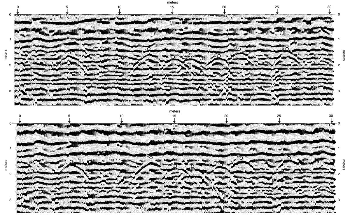 Two seismic profiles, non-deconvolved and deconvolved.