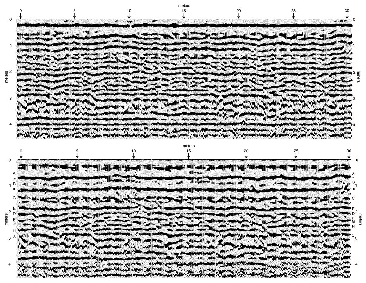 Two seismic profiles, non-deconvolved and deconvolved.