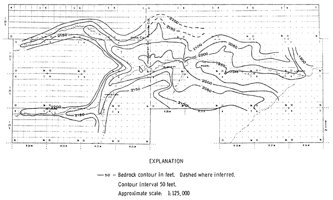 Bedrock at 1950 feet in easter part of watershed, rises to 2150-2200 in western reaches.