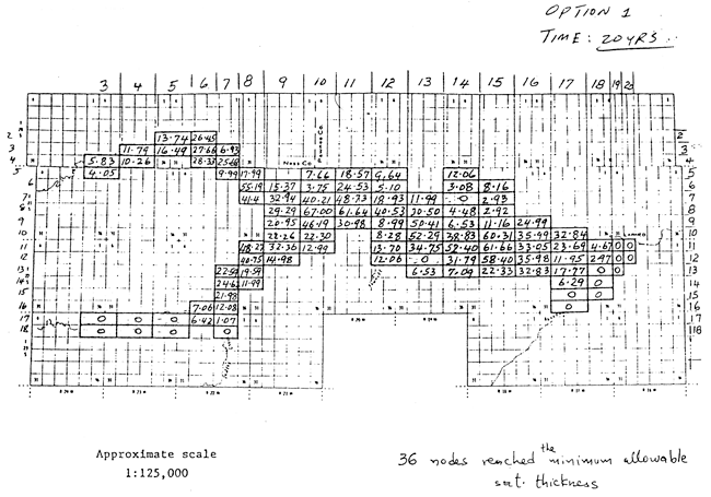 Map of study area with water-level decline values listed for each node.