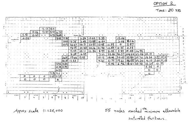 Map of study area with water-level decline values listed for each node.