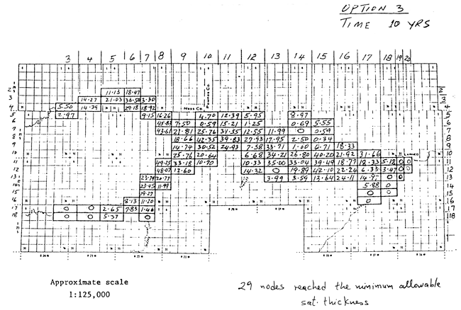 Map of study area with water-level decline values listed for each node.