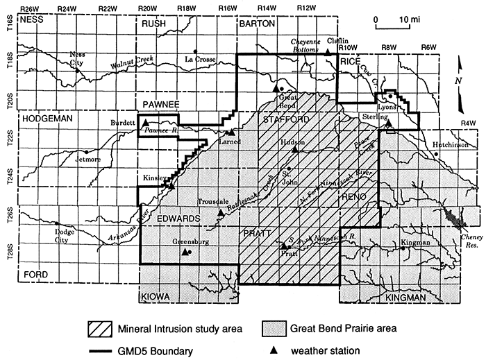 Map of the Big Bend Groundwater Management District (GMD5) showing the major features of the region and the area of primary interest to this study.