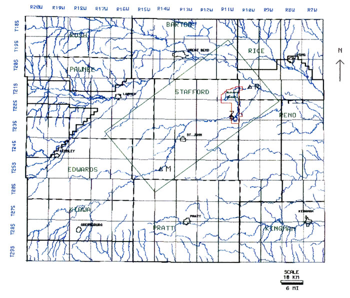 Study area primarily in Stafford County in a box oriented SW from Quivira National Wildlife Refuge.