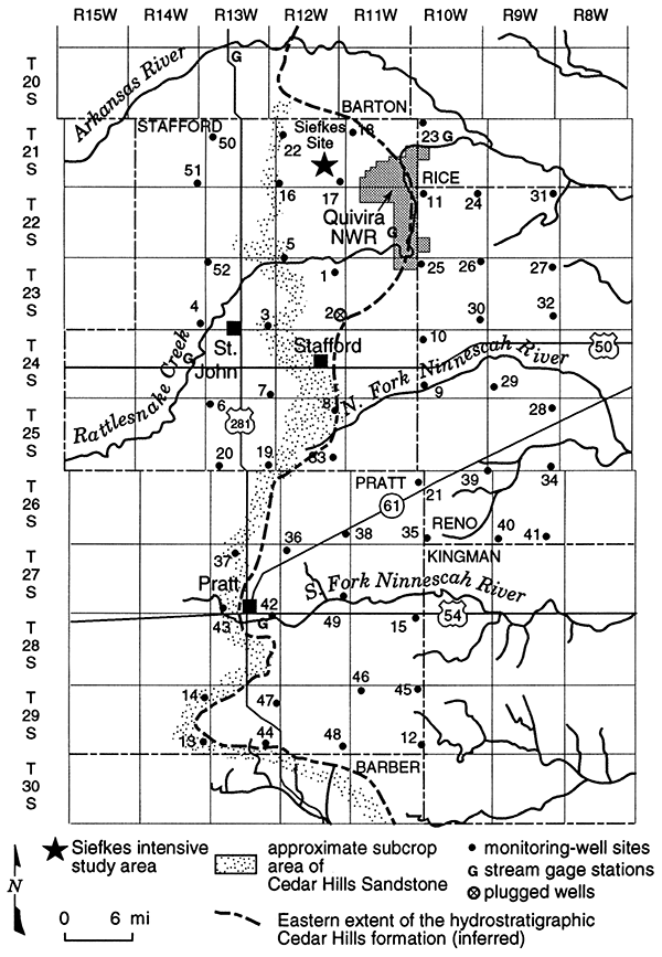 Observation wells and other physical features in the area of the KGS/GMD5 monitoring-well network.