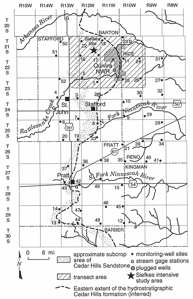 Observation wells and other physical features in the area of the KGS/GMD5 monitoring-well network.