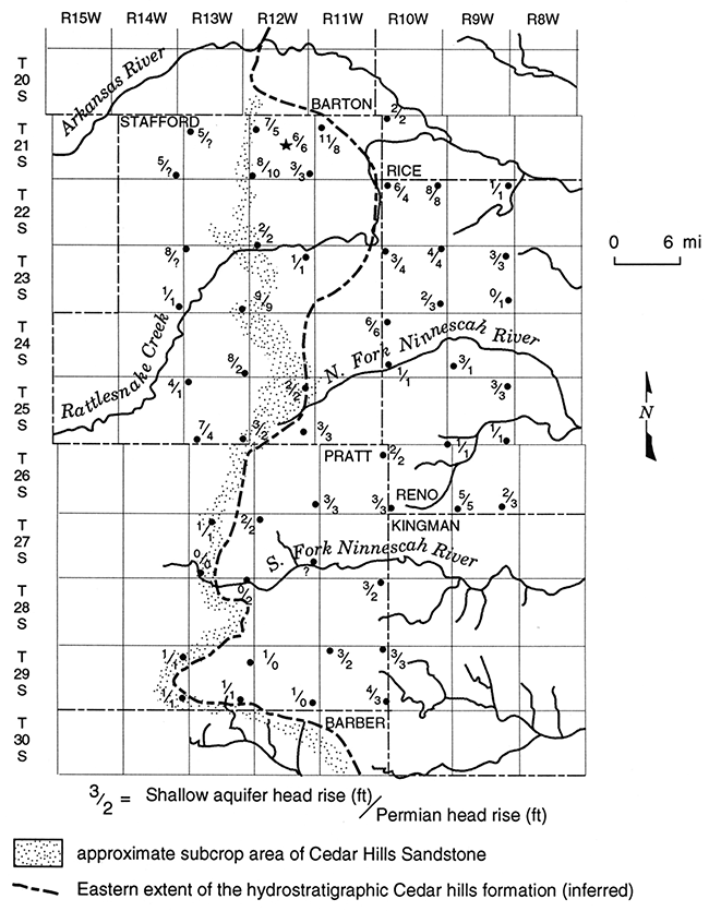 Net water-level rises in shallow aquifer and Permian monitoring wells from January 1993 to January 1994.