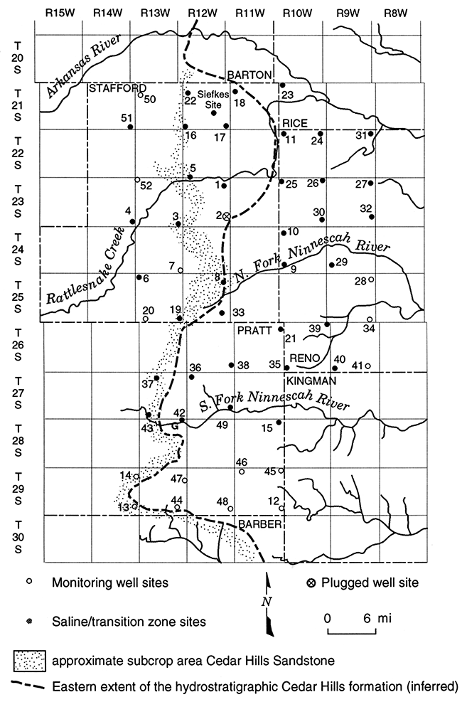 Monitoring well sites and site numbers, indicating the saline transition zone sites.