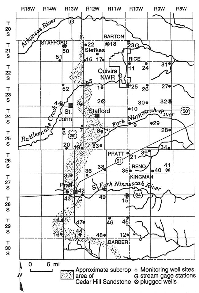 Location of Siefkes site and the observation well and other physical features in the area of the KGS/GMD5 monitoring-well network.