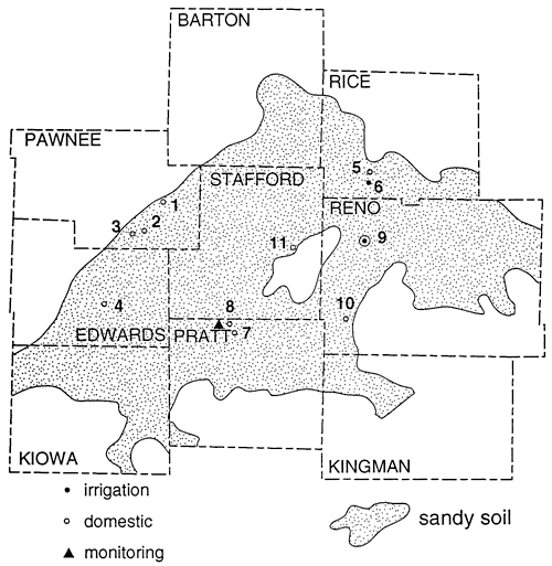 Sampled wells include monitoring, irrigation, and domestic wells, located in areas of sandy soil.