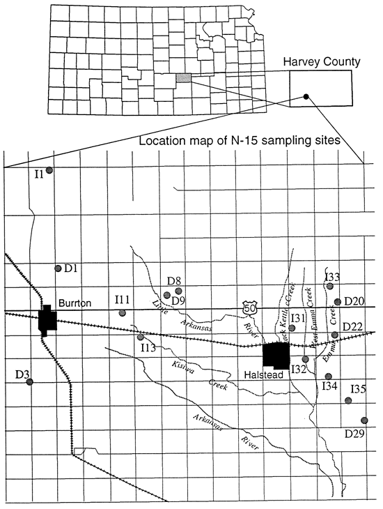 Most points east of Halstead, with a few between Halstead and Burrton and one north of Burrton.