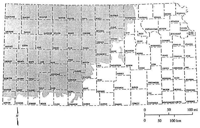 Dakota aquifer in Kansas present in much of western Kansas, as far east as Washington County in north; Rice, Saline, in central; reaches into the southern tier of countes as well.