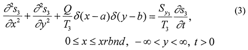 For the aquifer near the well, Second derivative of drawdown with respect to x added to that with respect to y plus (the pumpage/transmissivity ratio times the change in location) equals (the ratio of specific yield to transmissivity) times the change in drawdown over time.