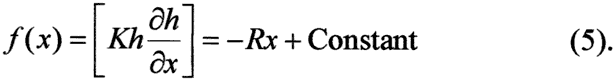 f(x) equals the conductivity times the head times the change in head, which equals the negative recharge times the distance, all plus a constant