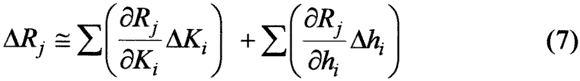 The error in recharge is estimated to be the sum of (the sum of the change in recharge with respect to conductivity times the error in conductivity) and (the sum of the change in recharge with respect to head times the error in head)