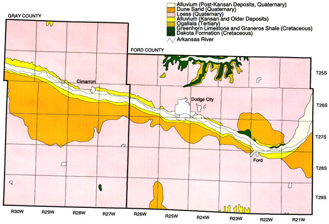 Recent Alluvium follows river course, surrounded by older alluvium; dune sand mostly to south of river, some north of river near Ford; Loess covers most of rest of map.