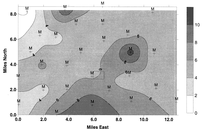 Values of 8 or above to NE of Pretty Prairie; values of 4-8 in large areas in and around the city.