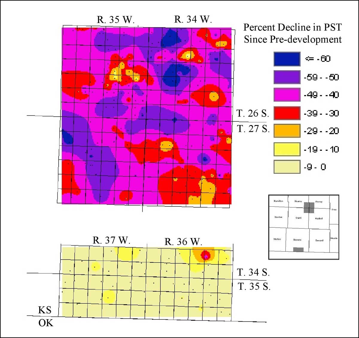 Since pre-development declines are greater then 30 feet in most of Four Corners; one spot in SE Stevens is 30 feet, but most is less than 9 feet.