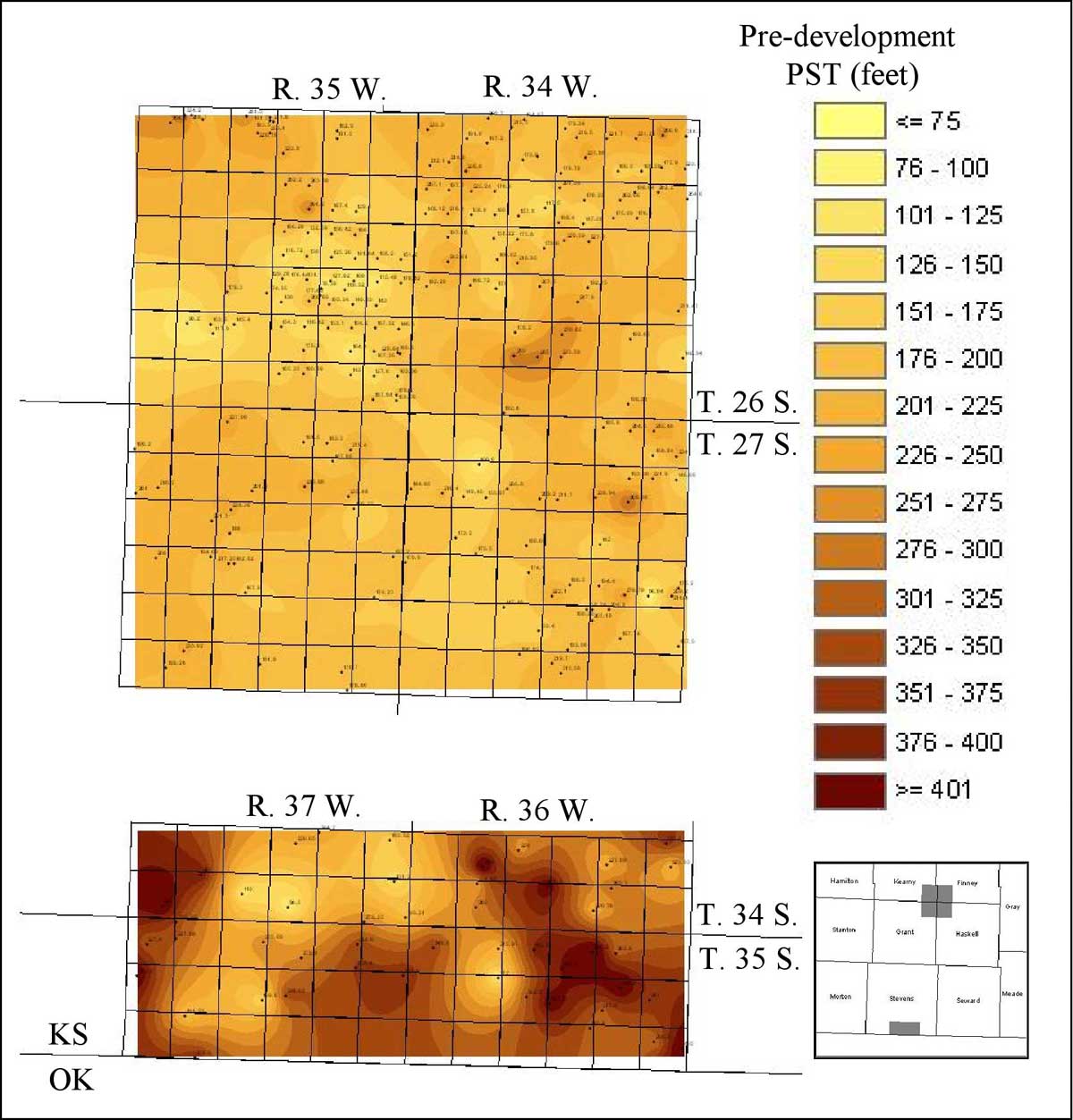 Practical saturated thickness is 150-250 in Four Corners; 150 to over 400 in SE Stevens.