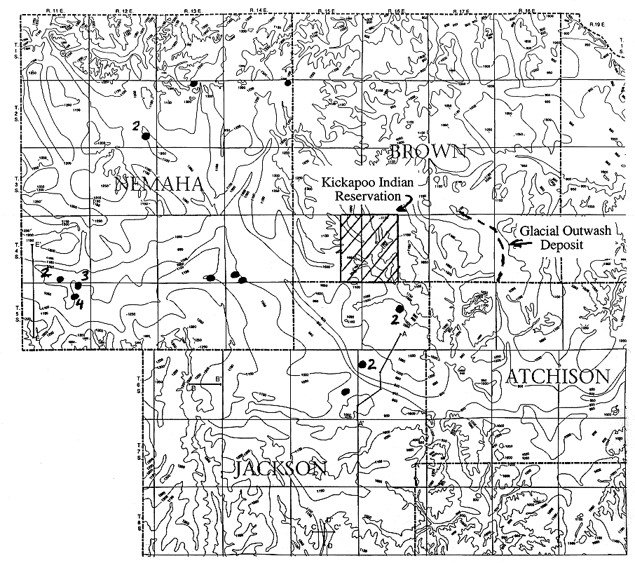 location of public water-supply wells overlain on subsurface bedrock topography