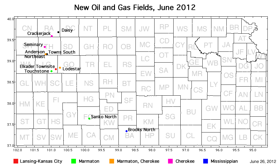 Map shows location of wells in new field discoveries, June 2012