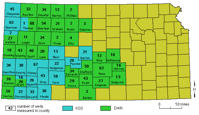 map of Kansas showing how many wells are measured in each county