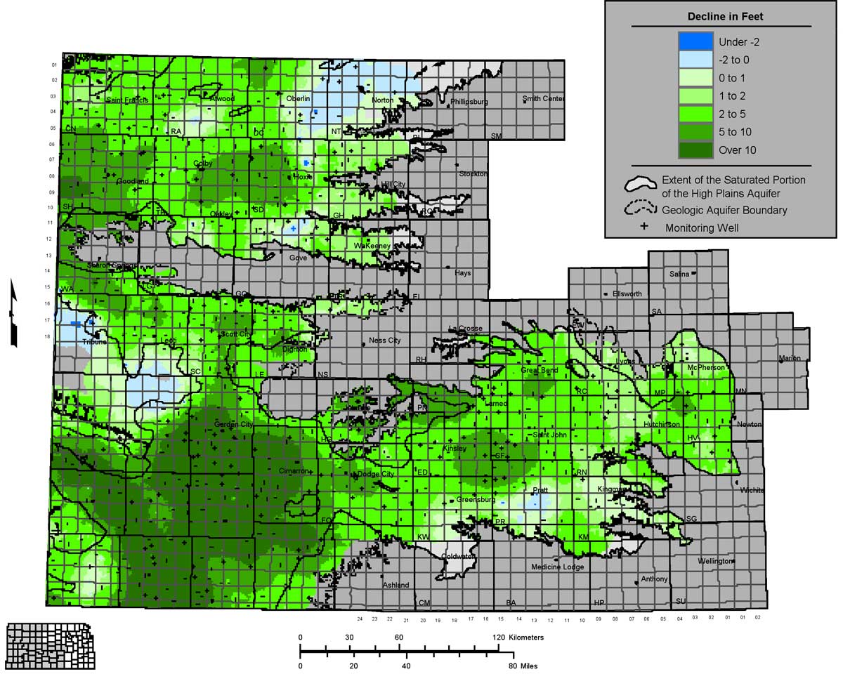 Declines all over, greatest in southwest Kansas; small areas in North, Decatur, and Pratt show stability.