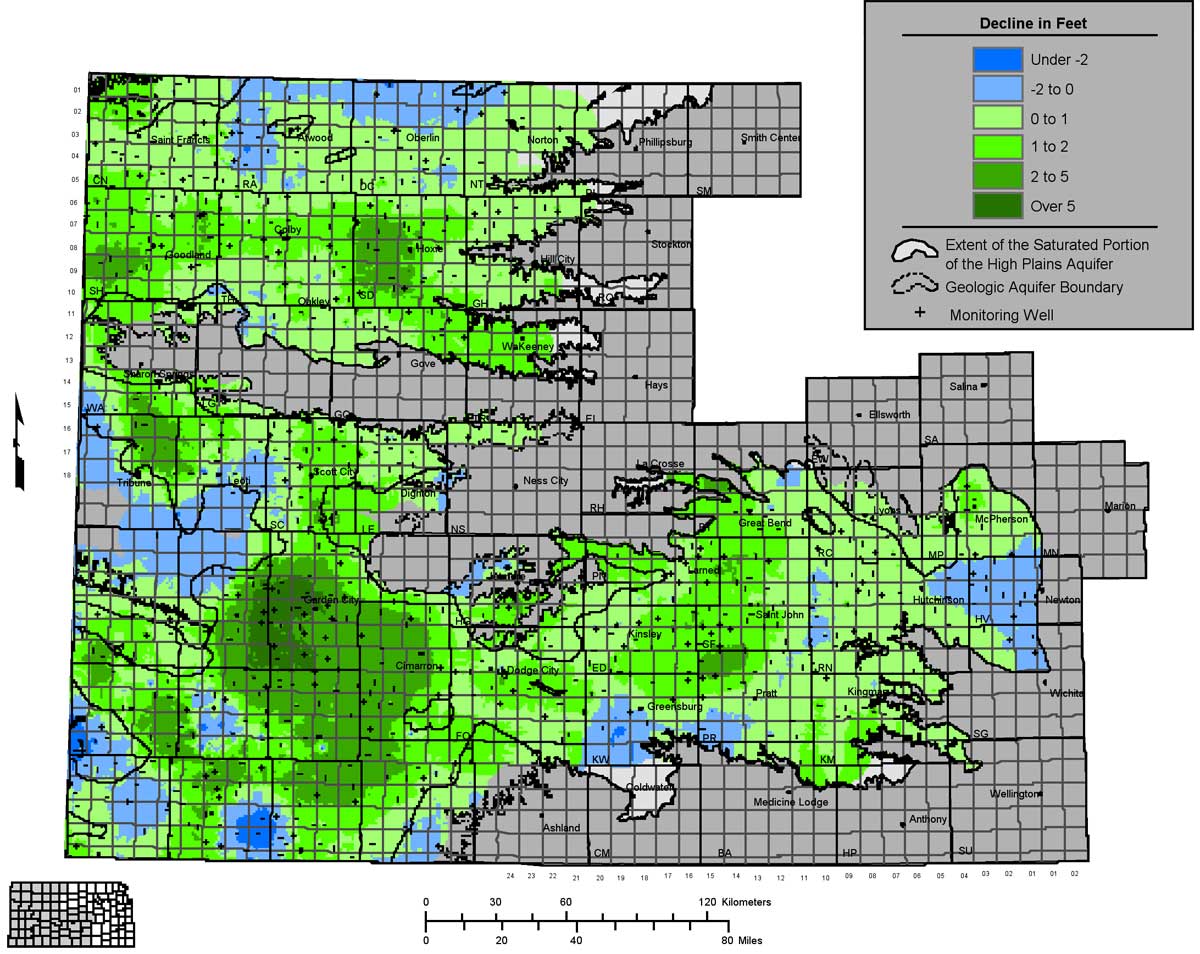 Declines throughout most of area; largest near Garden City; small rises near Hugoton, NW Kiowa County, and SW Stanton County.