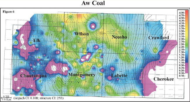 color isopach map of Aw coal overlain by Mississippian contours