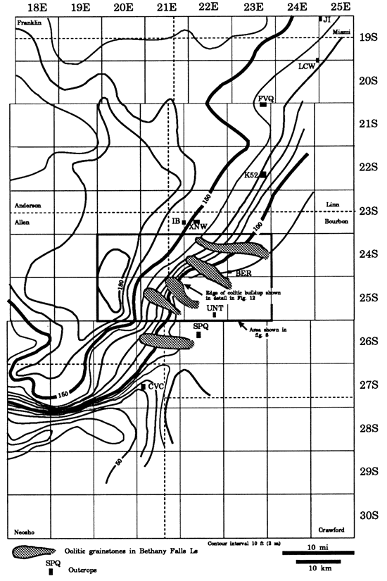 Interval from base of Nuyaka Creek Shale to top Pleasanton is 180 feet in NE Allen county, drops off to east forn to 90 feet in NW Bourbon, central Linn counties.