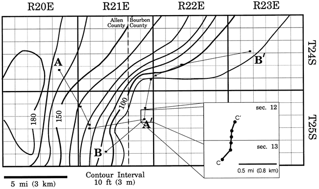 Interval from base of Nuyaka Creek Shale to top Pleasanton is 180 feet in NE Allen county, drops off to east forn to 90 feet in NW Bourbon, central Linn counties.