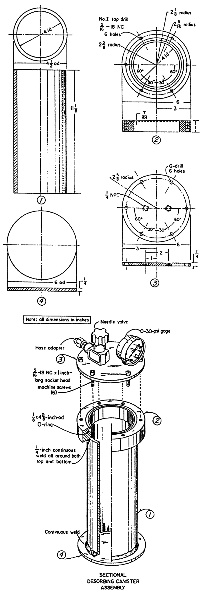 Diagram of container to hold coal sammples for gas volume testing.