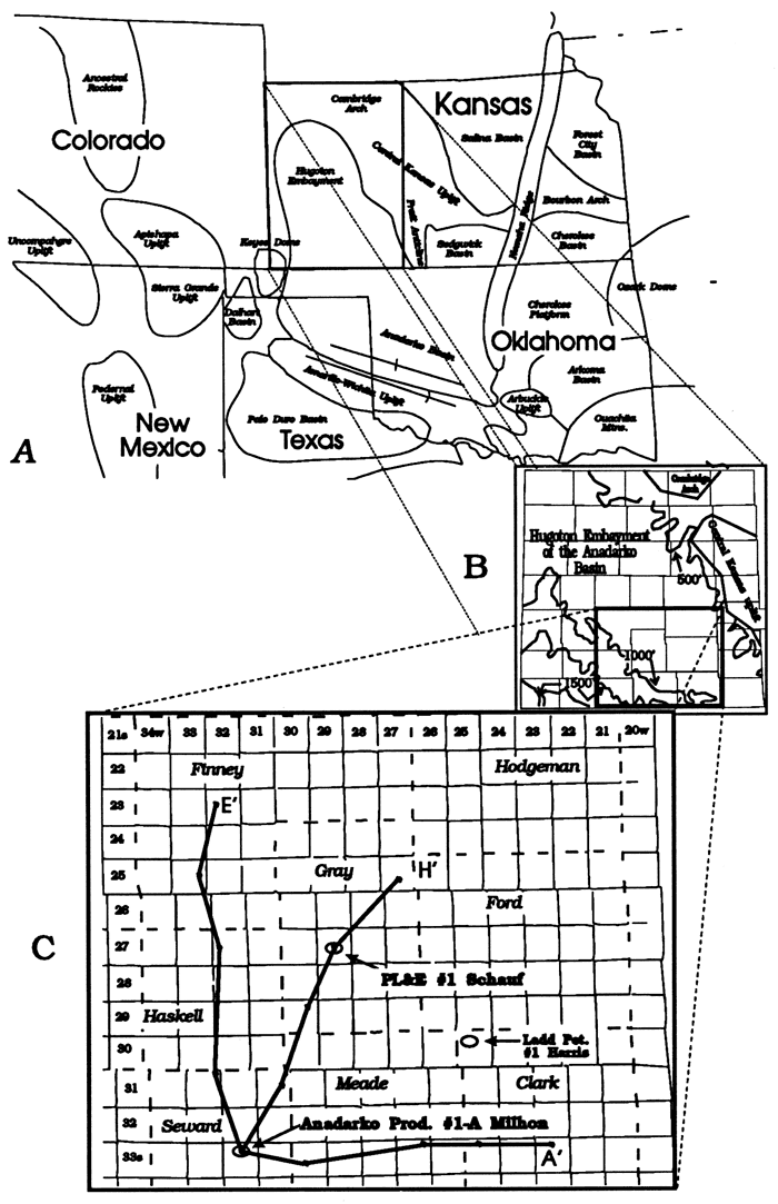 Map showing major features of midcontinent and western Kansas; study area in Seward, Haskell, Finney, Gray, Ford, Meade, and Clark counties in in SW Kansas.