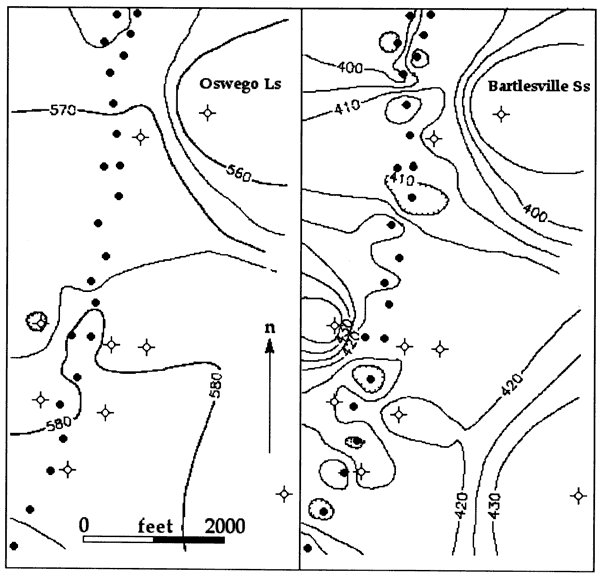 Oswego shows very little structure, elev. of 580 in south to 560 in NE; Bartlesville is more variable, elev. of 430 to east and west and 410, 420 in bumps in center of channel.