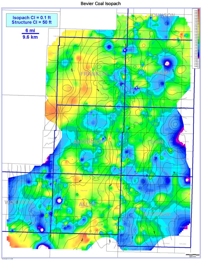 color isopach map of Bevier Coal