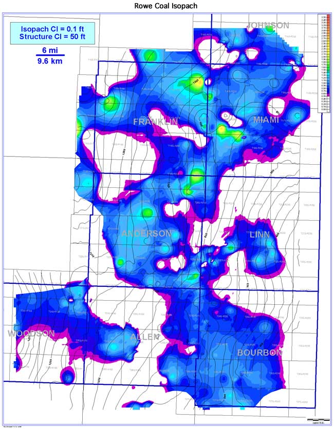 color isopach map of Rowe Coal