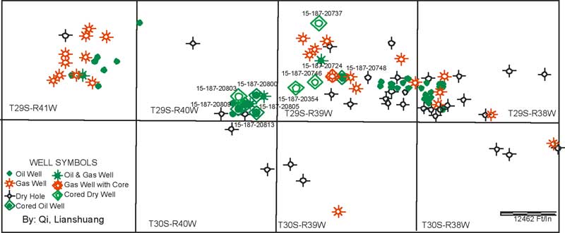 wells placed on map; wells with core desc. are labeled