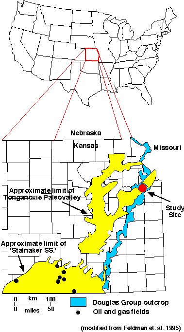 Study site in northeast Kansas; paleo valley runs from Wyandotte and Atchison counties in NE to Butler in south-centeral Kansas.