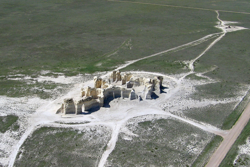 Photo from kite; view of chalk cliffs of Monument Rocks from an angle.