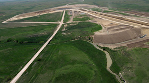 Photo from kite; construction site of new dam at Horse Thief Canyon.