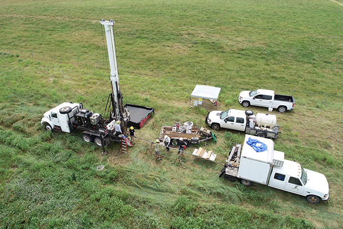 Aerial view of the KGS drilling rig collecting drill core in Linn County, Kansas.